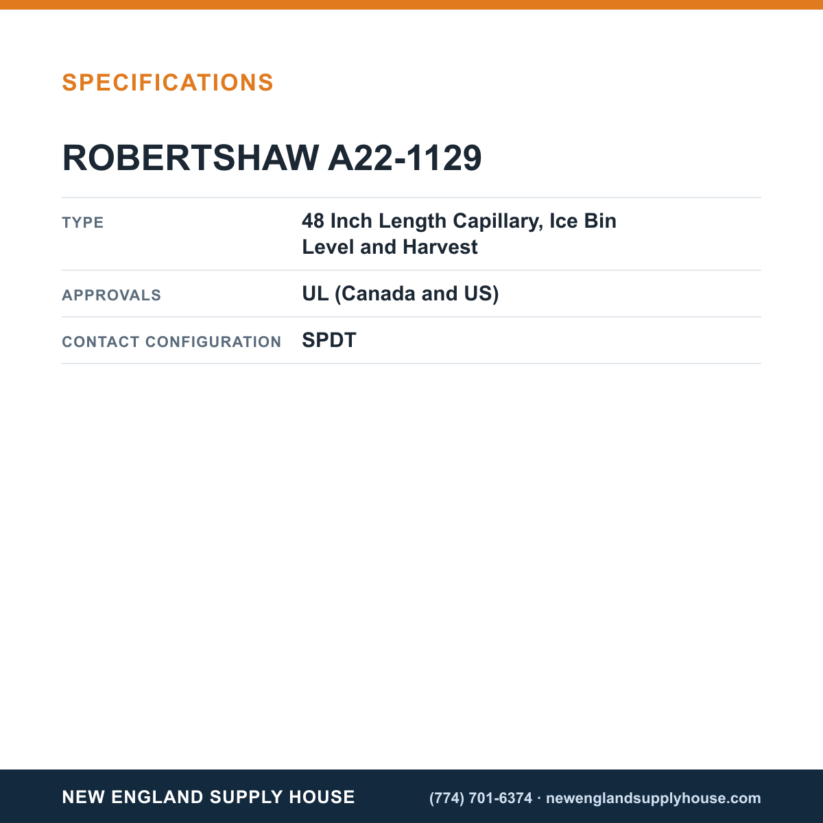 Robertshaw A22-1129 Refrigeration Temperature Control specifications — New England Supply House [NESH-SPECTABLE-V1]