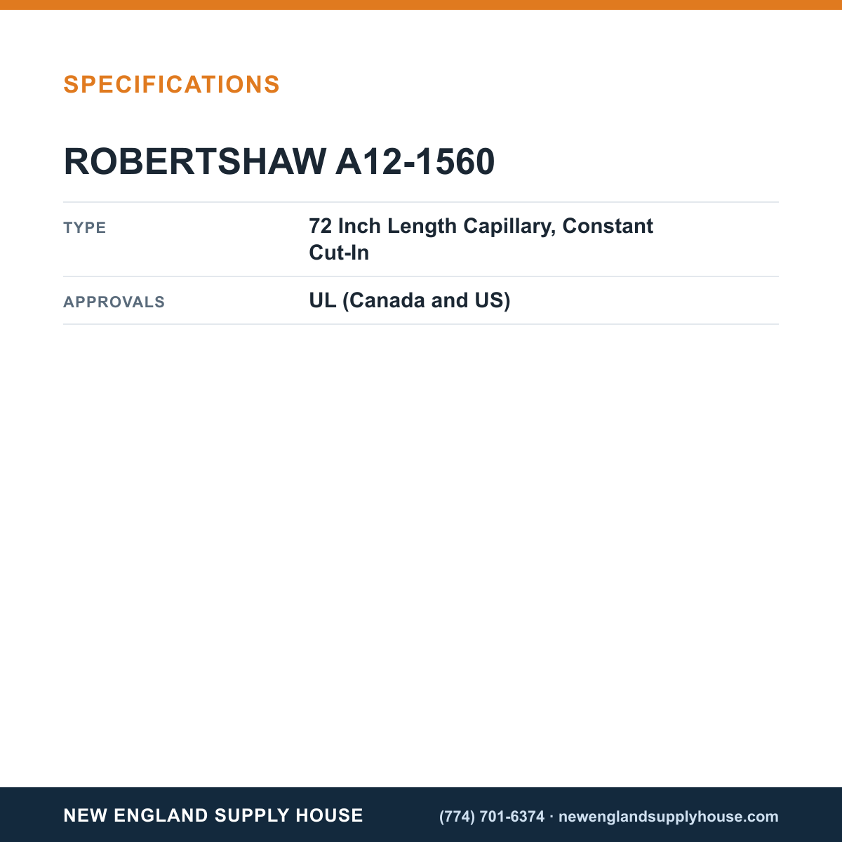 Robertshaw A12-1560 Refrigeration Temperature Control specifications — New England Supply House [NESH-SPECTABLE-V1]