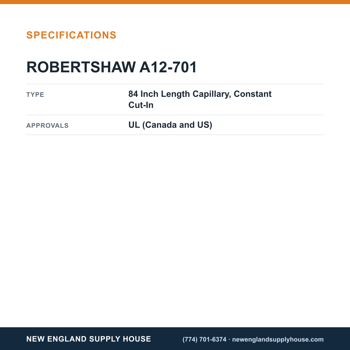 Robertshaw A12-701 Refrigeration Temperature Control specifications — New England Supply House [NESH-SPECTABLE-V1]