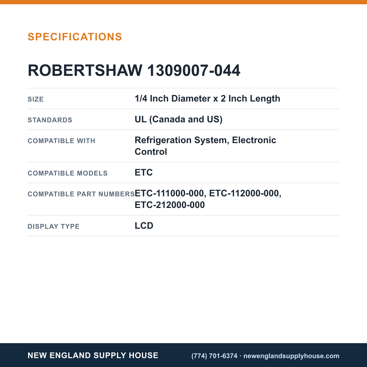 Robertshaw 1309007-044 Refrigeration Thermister Sensor specifications — New England Supply House [NESH-SPECTABLE-V1]