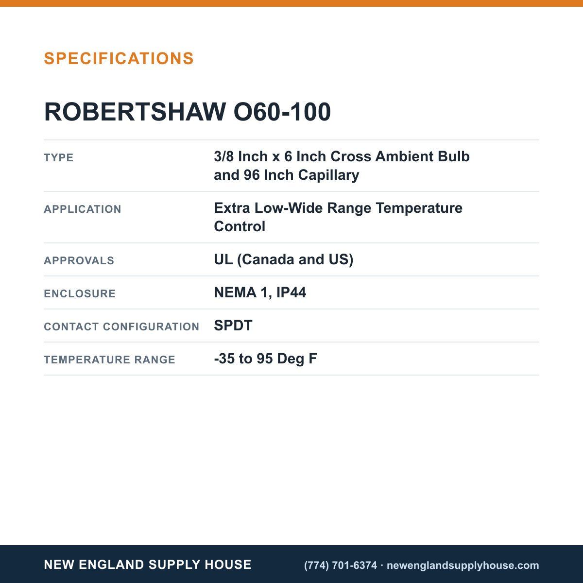 Robertshaw O60-100 Temperature Controller specifications — New England Supply House [NESH-SPECTABLE-V1]