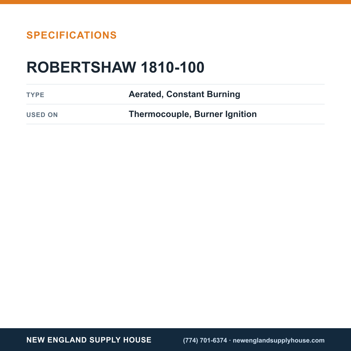 Robertshaw 1810-100 Thermocouple Pilot Kit specifications — New England Supply House [NESH-SPECTABLE-V1]