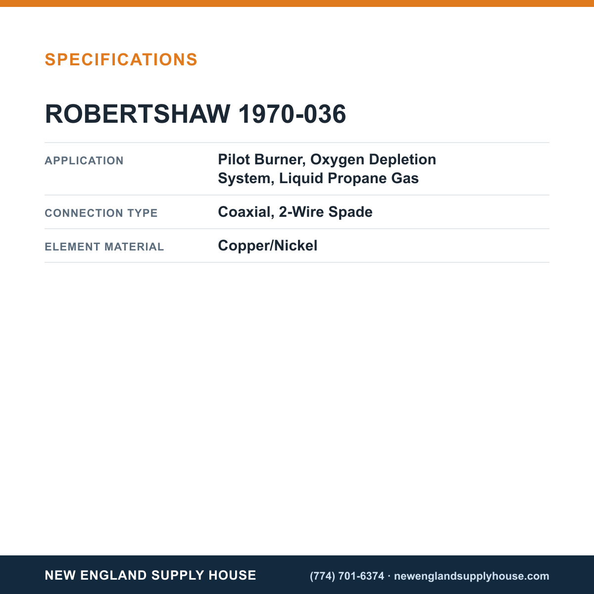 Robertshaw 1970-036 Thermocouple specifications — New England Supply House [NESH-SPECTABLE-V1]