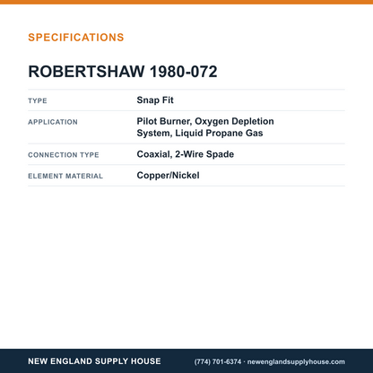 Robertshaw 1980-072 Thermocouple specifications — New England Supply House [NESH-SPECTABLE-V1]