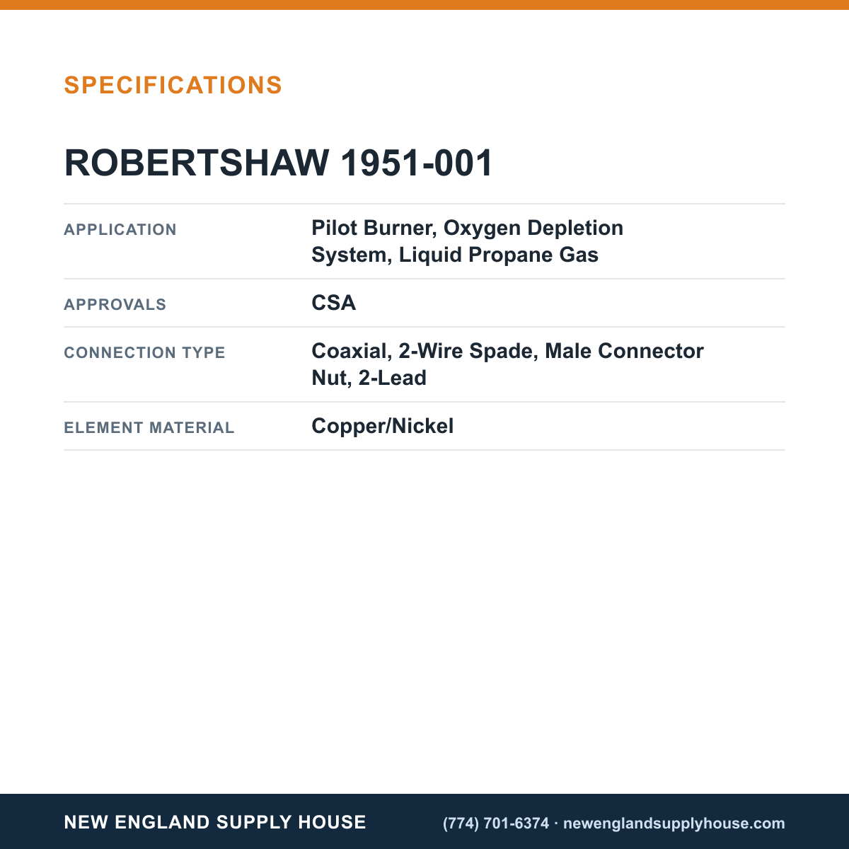 Robertshaw 1951-001 Thermopile specifications — New England Supply House [NESH-SPECTABLE-V1]