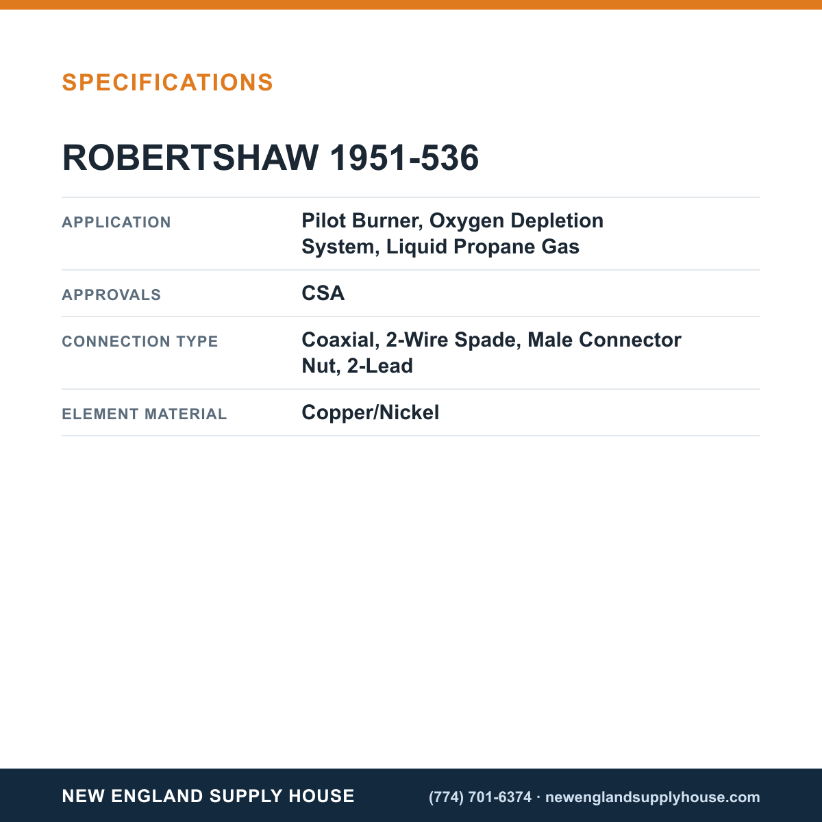 Robertshaw 1951-536 Thermopile specifications — New England Supply House [NESH-SPECTABLE-V1]