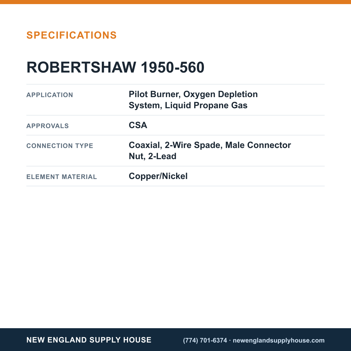 Robertshaw 1950-560 Thermopile specifications — New England Supply House [NESH-SPECTABLE-V1]