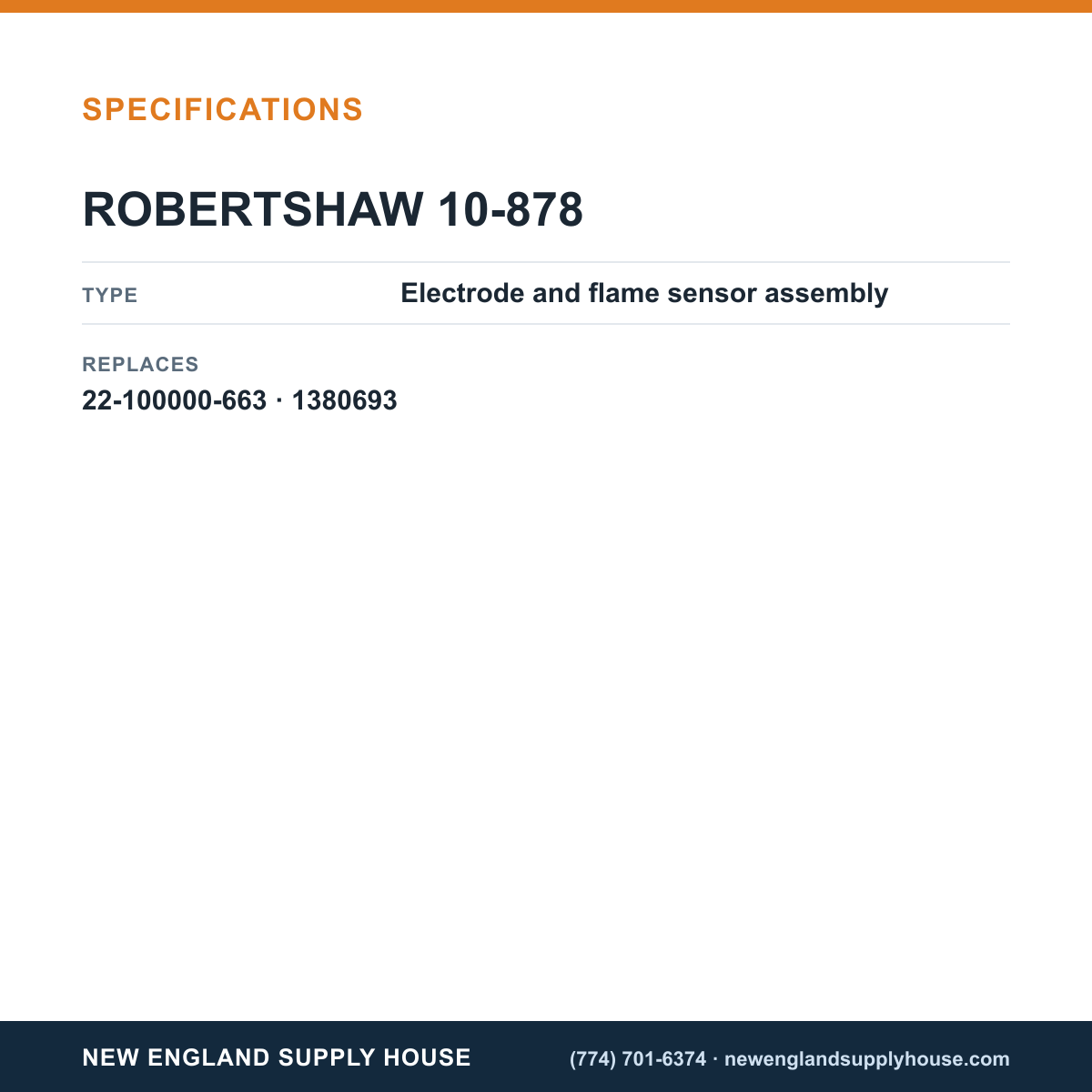 Robertshaw 10-878 Electrode/Sensor Assembly specifications — New England Supply House [NESH-SPECTABLE-V1]