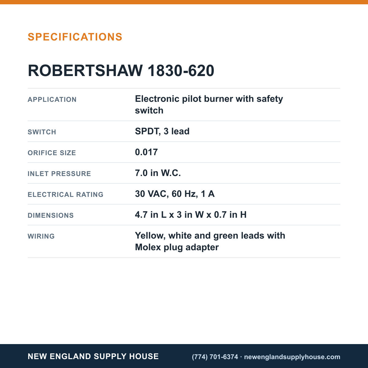 Robertshaw 1830-620 Electronic Pilot Burner Assembly specifications — New England Supply House [NESH-SPECTABLE-V1]