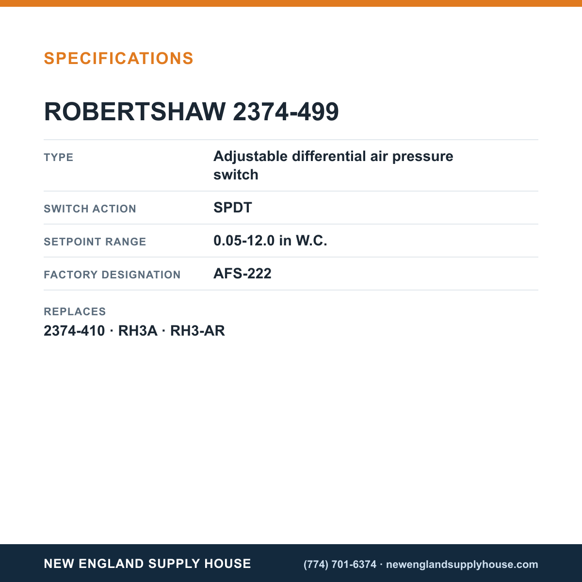 Robertshaw 2374-499 Pressure Switch specifications — New England Supply House [NESH-SPECTABLE-V1]