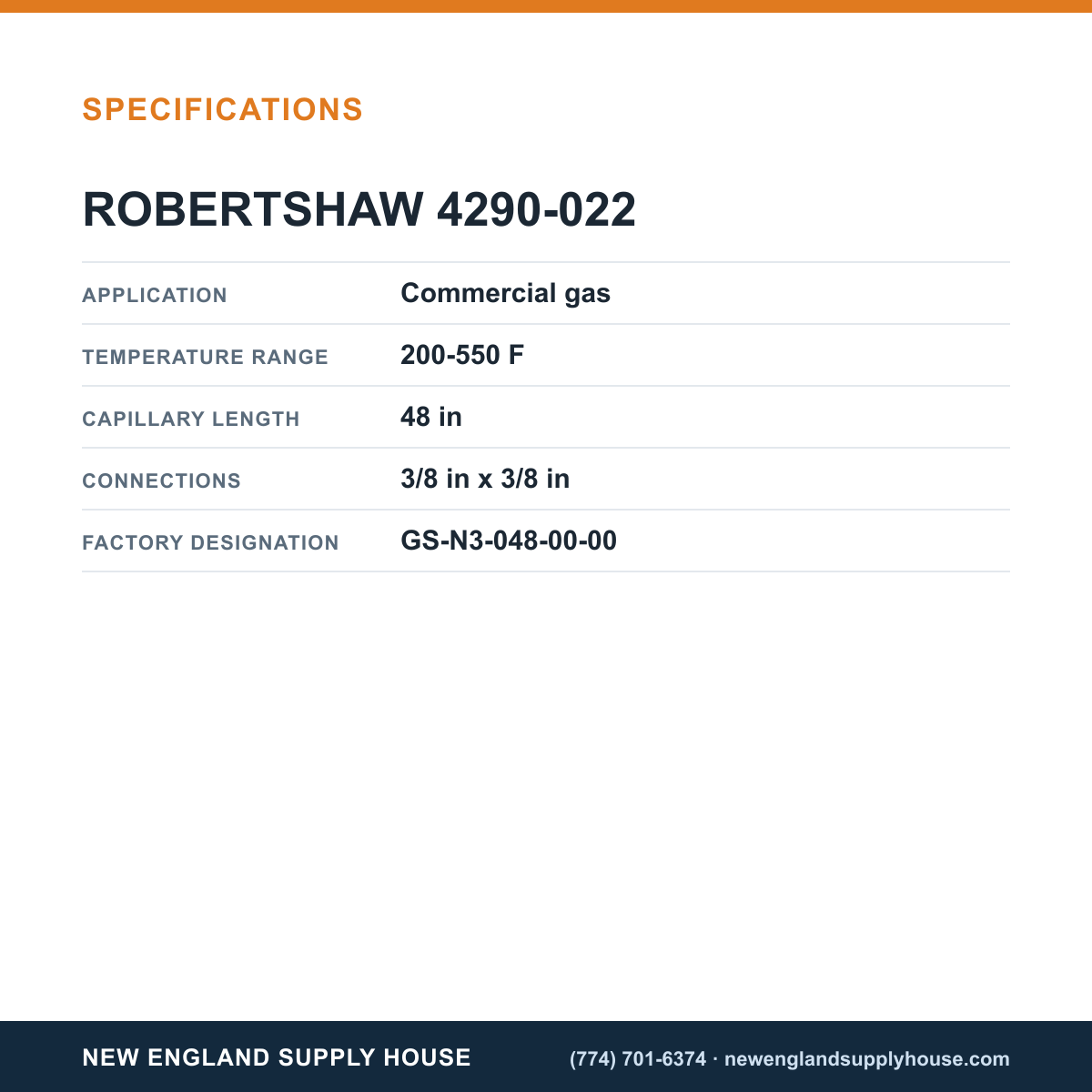 Robertshaw 4290-022 Gas Thermostat specifications — New England Supply House [NESH-SPECTABLE-V1]