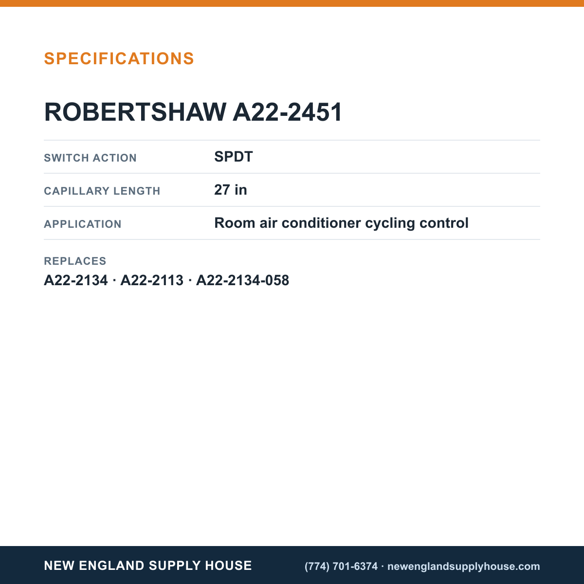 Robertshaw A22-2451 Cooling Control specifications — New England Supply House [NESH-SPECTABLE-V1]