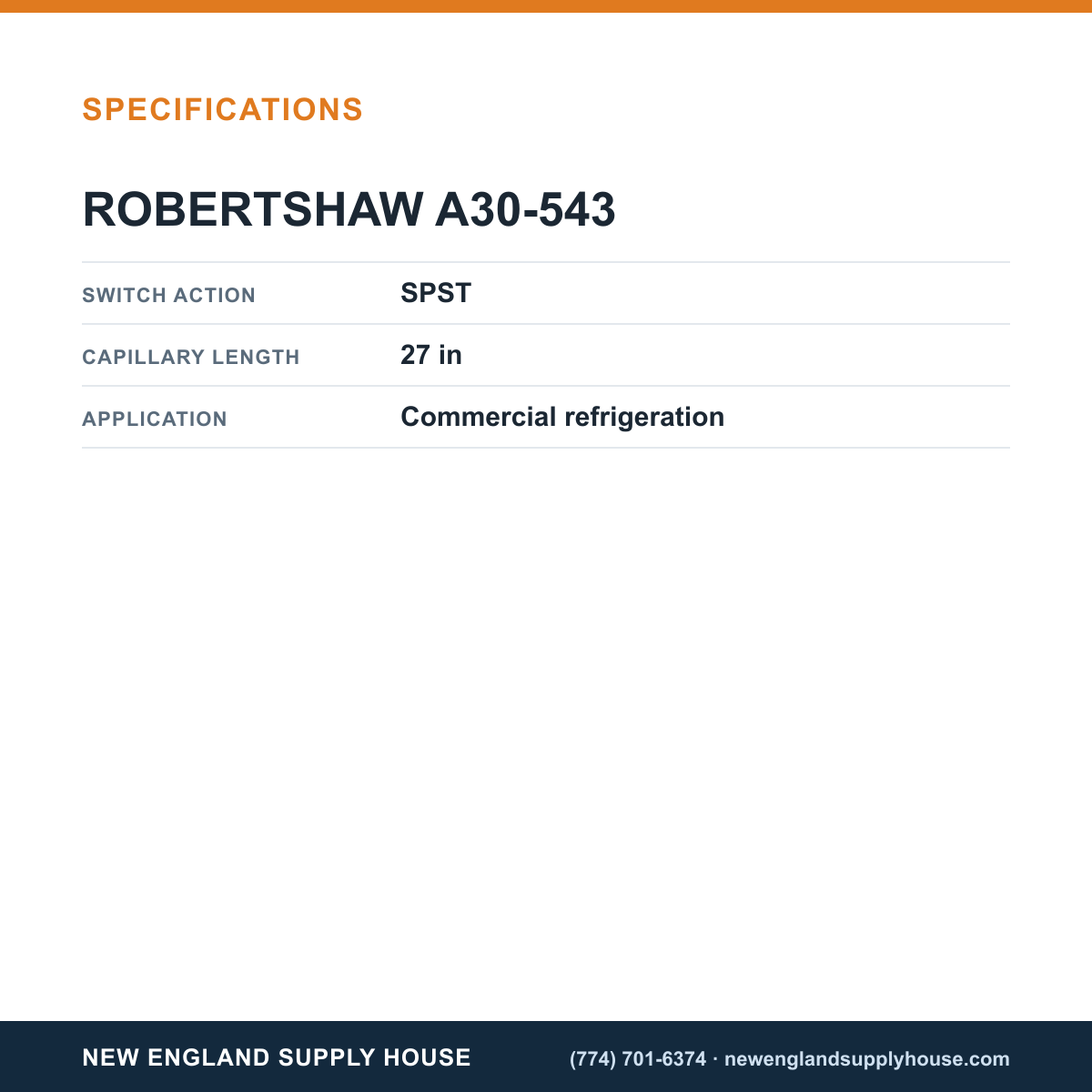 Robertshaw A30-543 Temperature Control specifications — New England Supply House [NESH-SPECTABLE-V1]