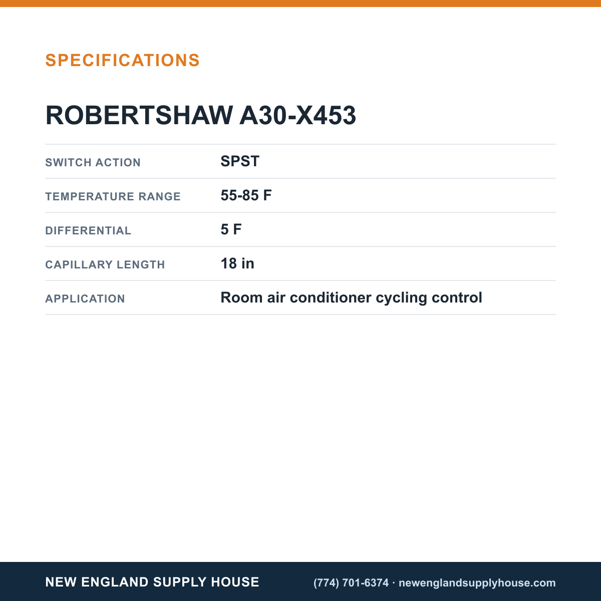 Robertshaw A30-X453 Cycling Control specifications — New England Supply House [NESH-SPECTABLE-V1]