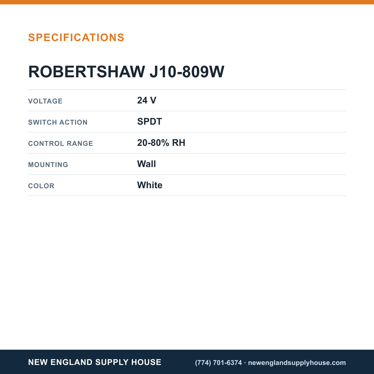 Robertshaw J10-809W Dehumidistat specifications — New England Supply House [NESH-SPECTABLE-V1]