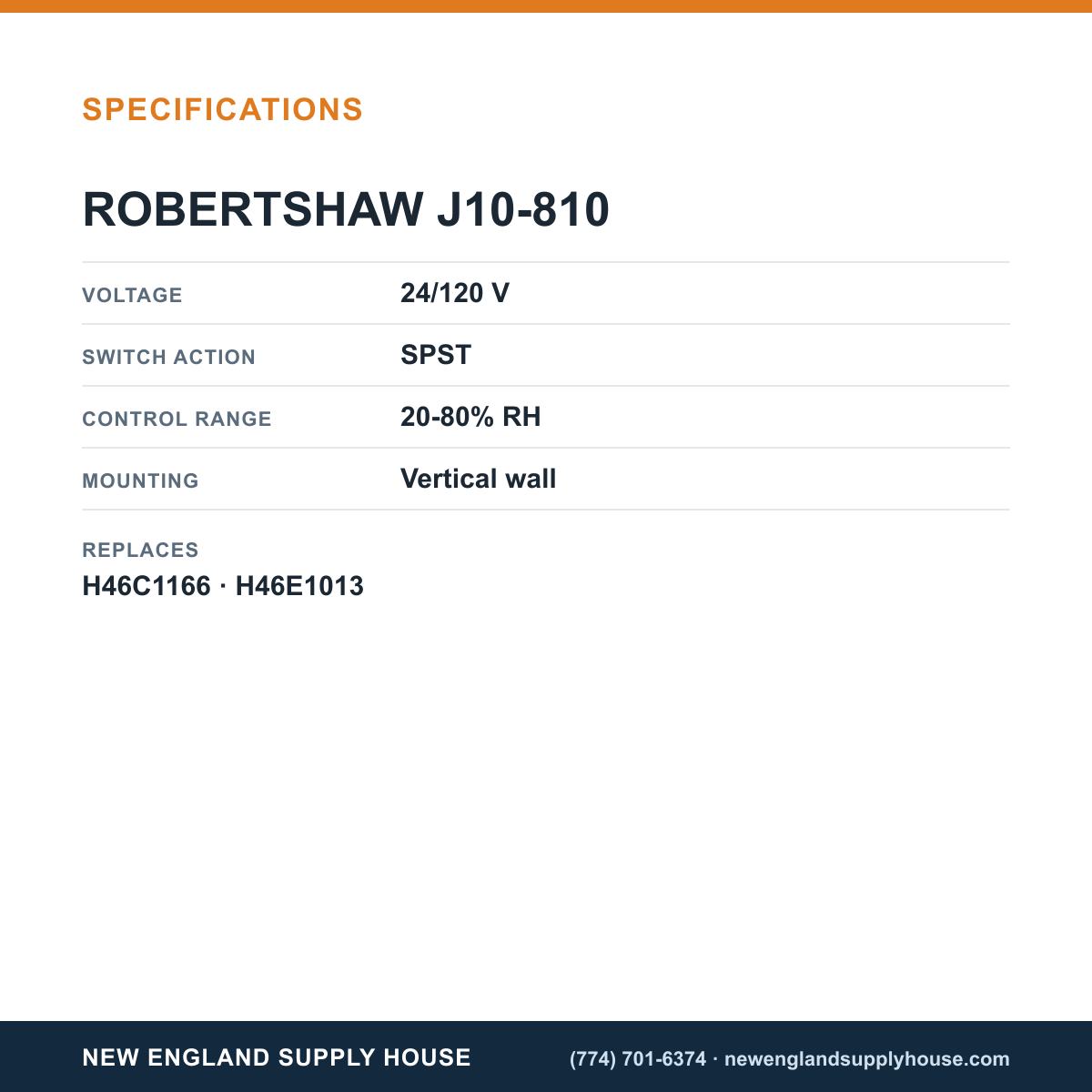 Robertshaw J10-810 Dehumidistat specifications — New England Supply House [NESH-SPECTABLE-V1]