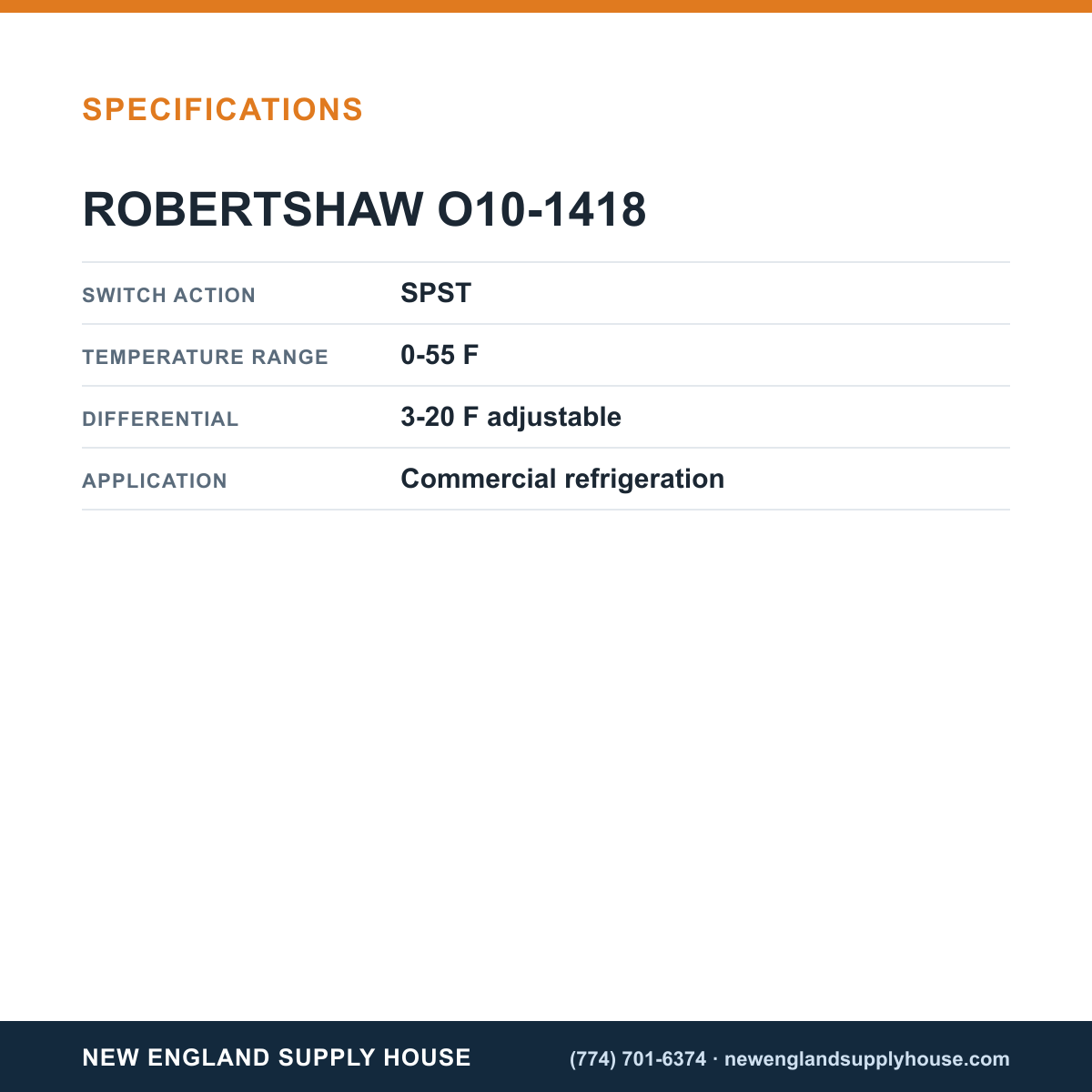 Robertshaw O10-1418 Temperature Control specifications — New England Supply House [NESH-SPECTABLE-V1]