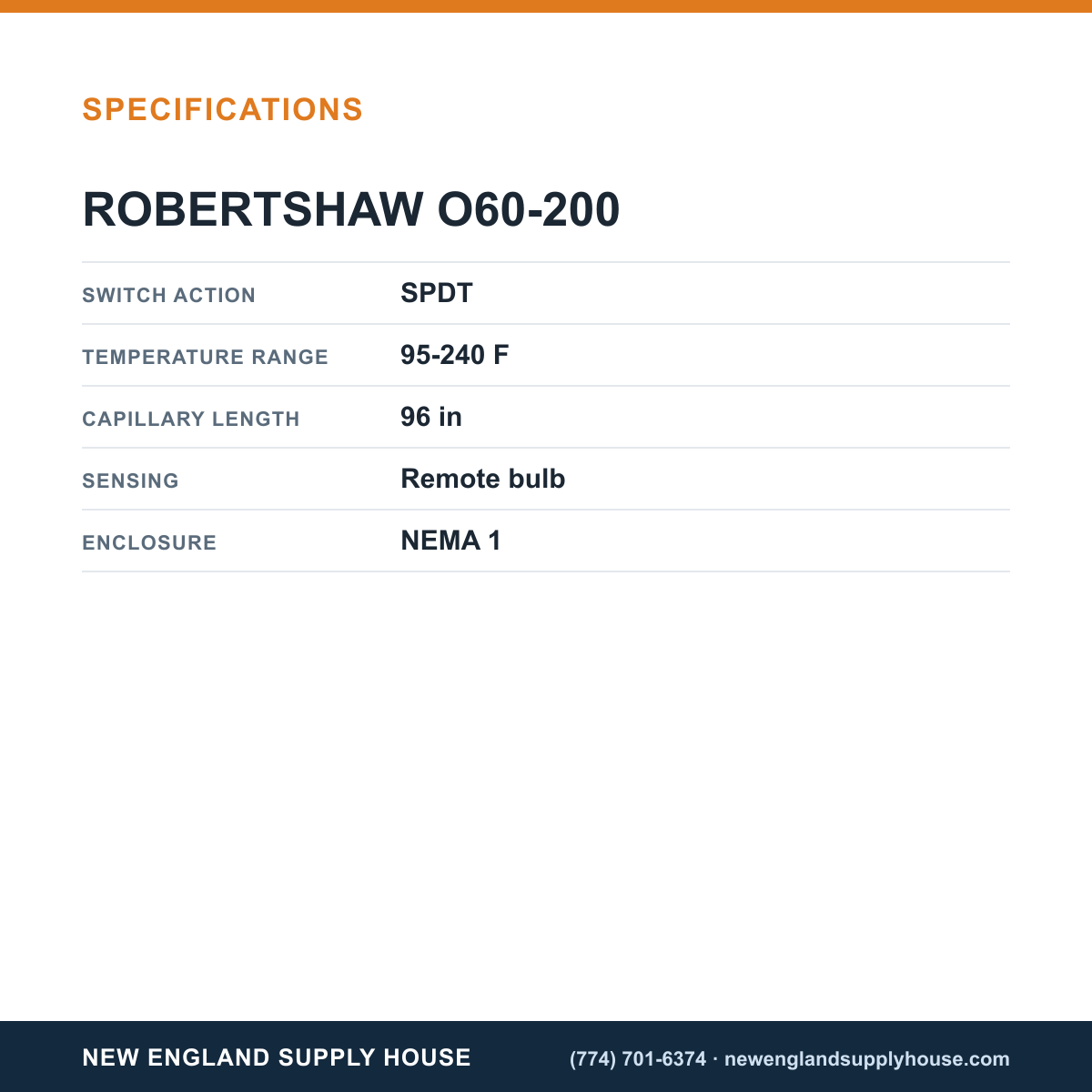 Robertshaw O60-200 Temperature Control specifications — New England Supply House [NESH-SPECTABLE-V1]