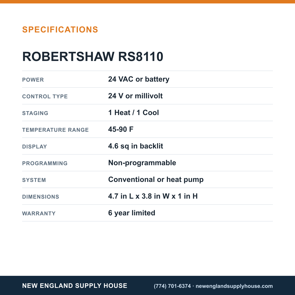 Robertshaw RS8110 Thermostat specifications — New England Supply House [NESH-SPECTABLE-V1]