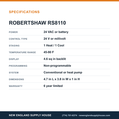 Robertshaw RS8110 Thermostat specifications — New England Supply House [NESH-SPECTABLE-V1]