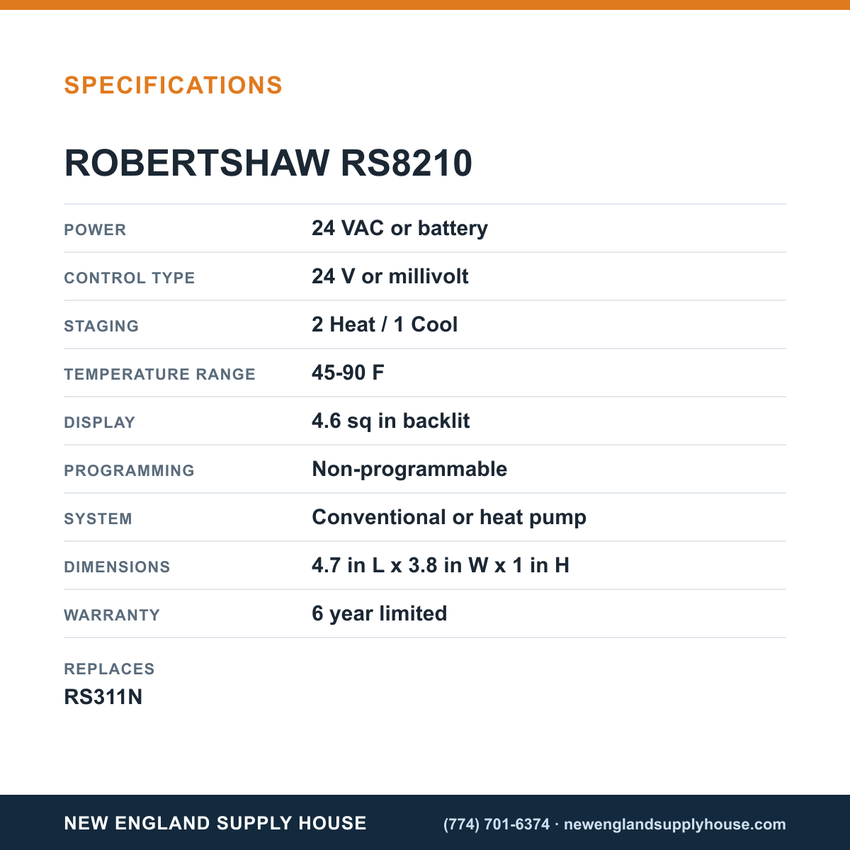 Robertshaw RS8210 Thermostat specifications — New England Supply House [NESH-SPECTABLE-V1]