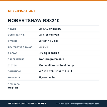 Robertshaw RS8210 Thermostat specifications — New England Supply House [NESH-SPECTABLE-V1]
