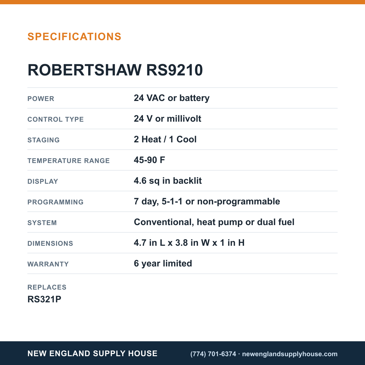 Robertshaw RS9210 Digital Thermostat specifications — New England Supply House [NESH-SPECTABLE-V1]