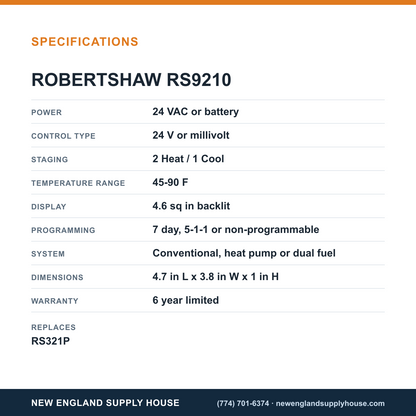 Robertshaw RS9210 Digital Thermostat specifications — New England Supply House [NESH-SPECTABLE-V1]