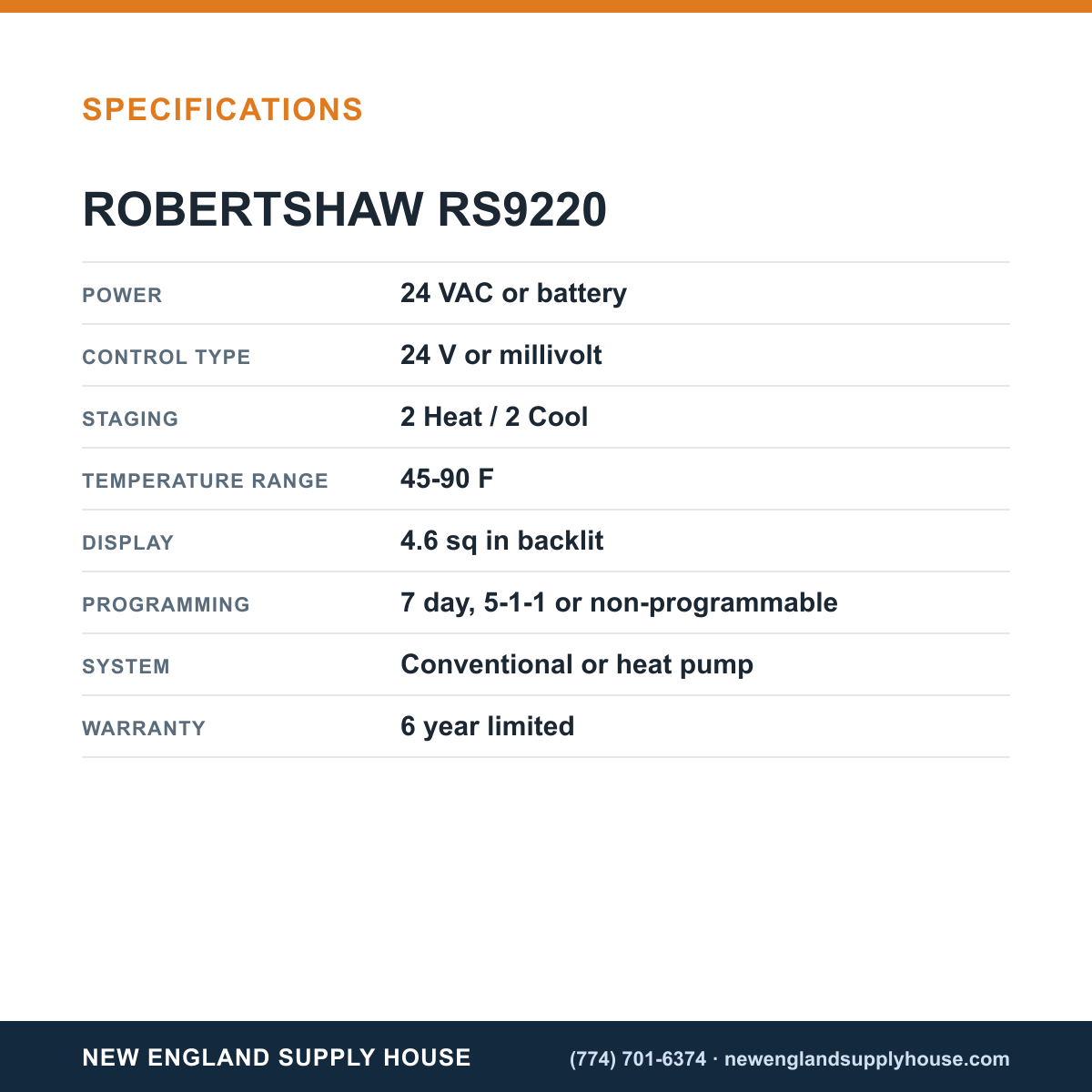 Robertshaw RS9220 Digital Thermostat specifications — New England Supply House [NESH-SPECTABLE-V1]