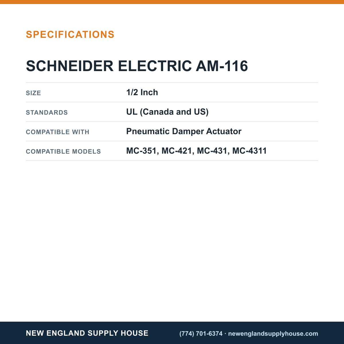 Schneider Electric AM-116 Pneumatic Damper Actuator Crankarm specifications — New England Supply House [NESH-SPECTABLE-V1]