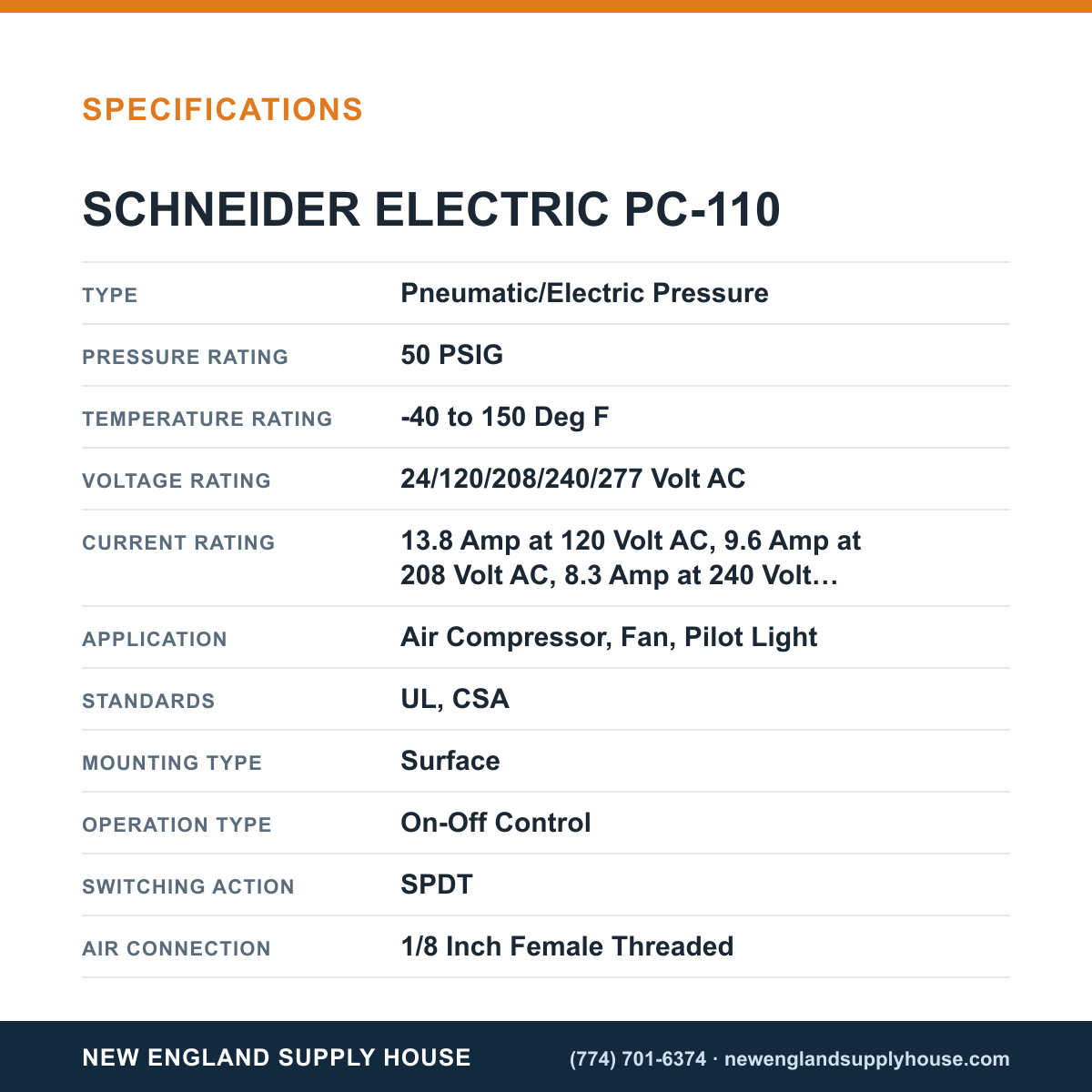 Schneider Electric PC-110 Pneumatic Electric Pressure Switch specifications — New England Supply House [NESH-SPECTABLE-V1]