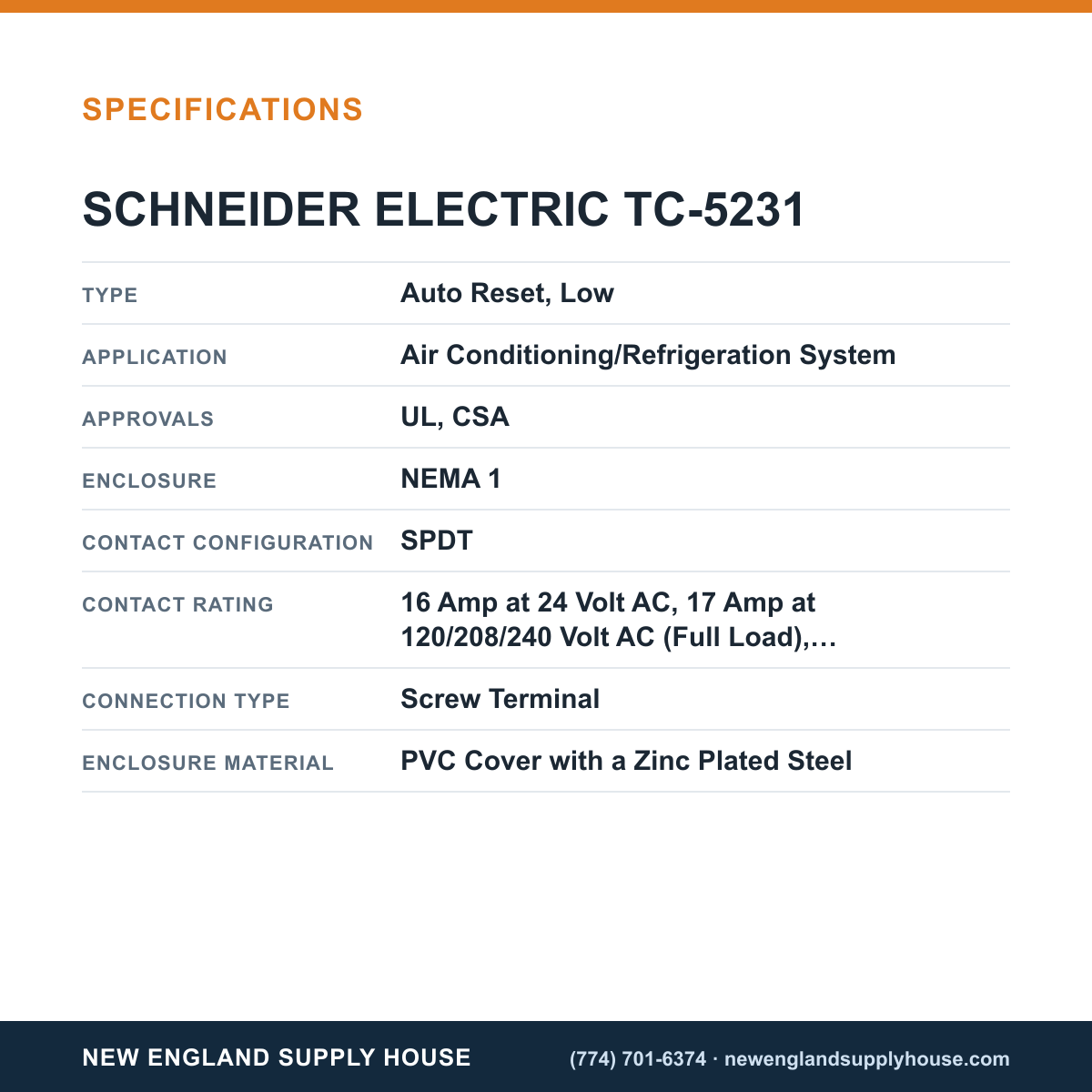 Schneider Electric TC-5231 Temperature Thermostat specifications — New England Supply House [NESH-SPECTABLE-V1]