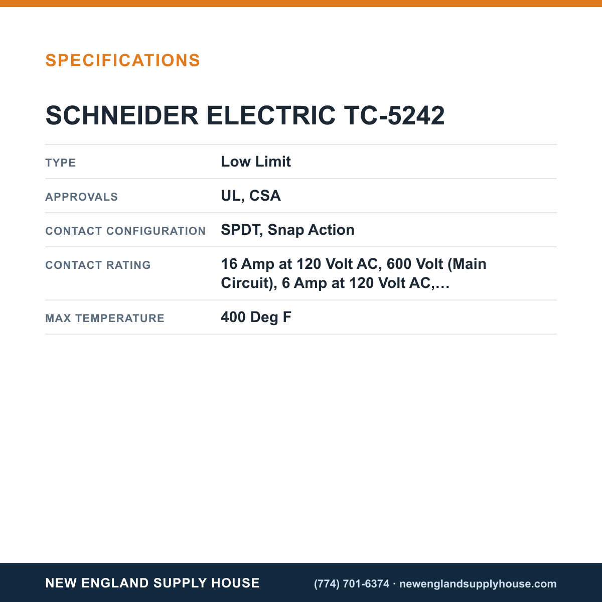 Schneider Electric TC-5242 Temperature Thermostat specifications — New England Supply House [NESH-SPECTABLE-V1]