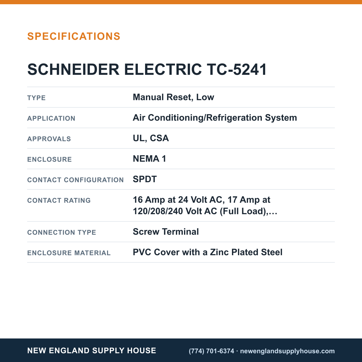 Schneider Electric TC-5241 Temperature Thermostat specifications — New England Supply House [NESH-SPECTABLE-V1]