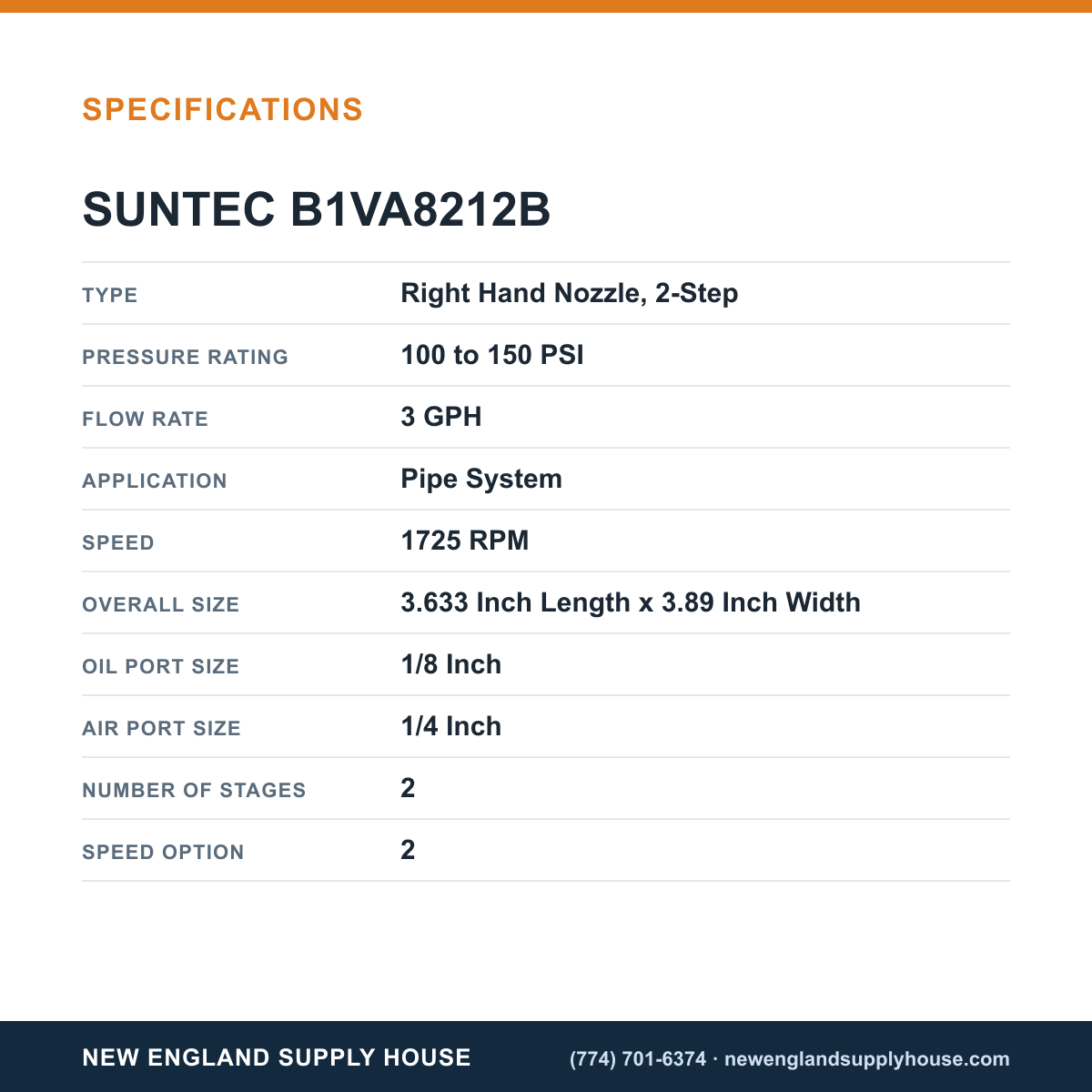 SunTec B1VA8212B Fuel Pump specifications — New England Supply House [NESH-SPECTABLE-V1]
