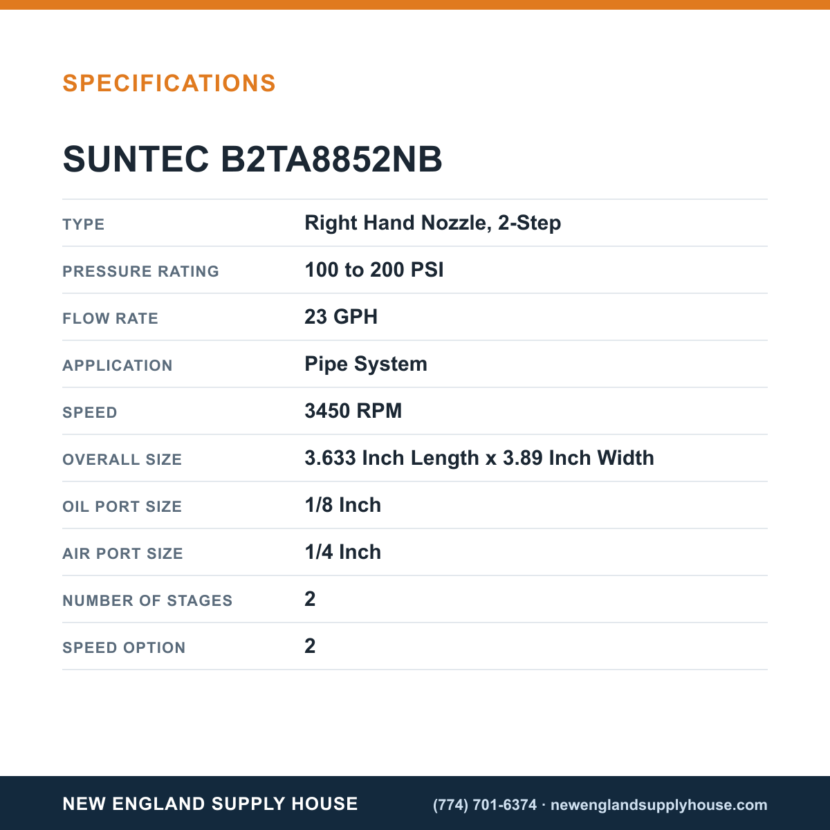 SunTec B2TA8852NB Fuel Pump specifications — New England Supply House [NESH-SPECTABLE-V1]