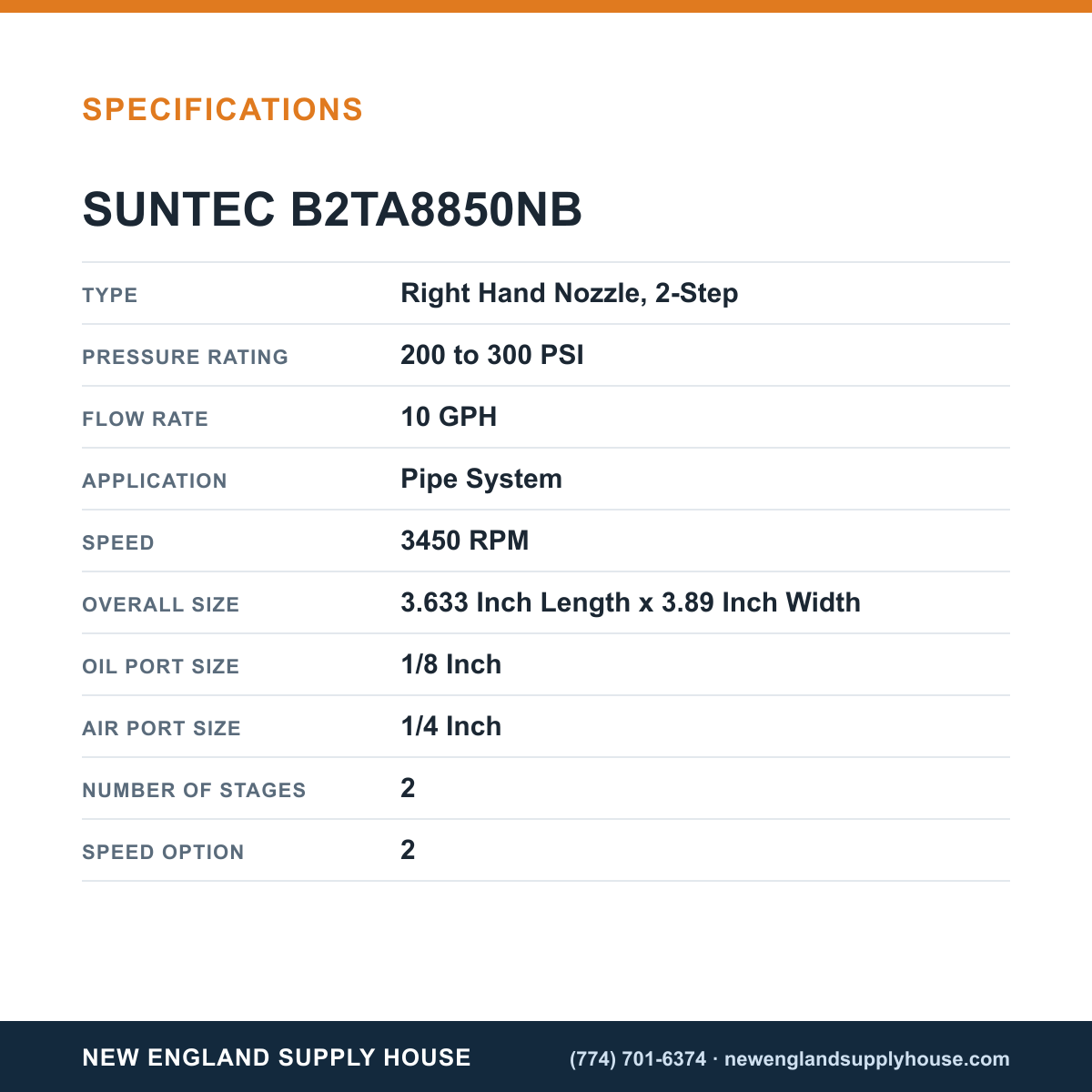 SunTec B2TA8850NB Fuel Pump specifications — New England Supply House [NESH-SPECTABLE-V1]