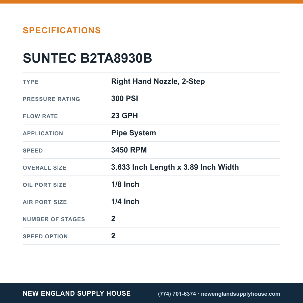 SunTec B2TA8930B Fuel Pump specifications — New England Supply House [NESH-SPECTABLE-V1]