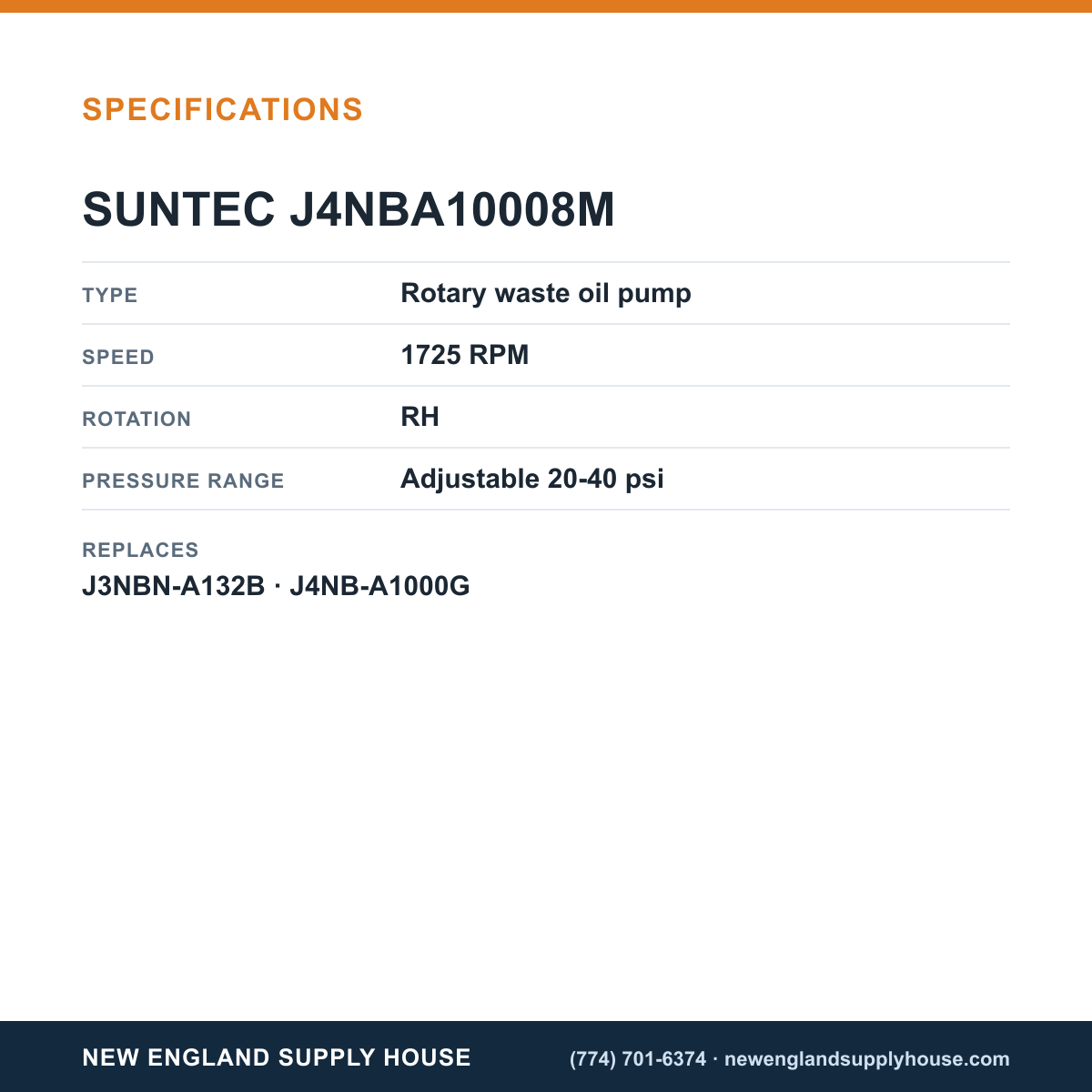 SunTec J4NBA10008M Waste Oil Pump specifications — New England Supply House [NESH-SPECTABLE-V1]