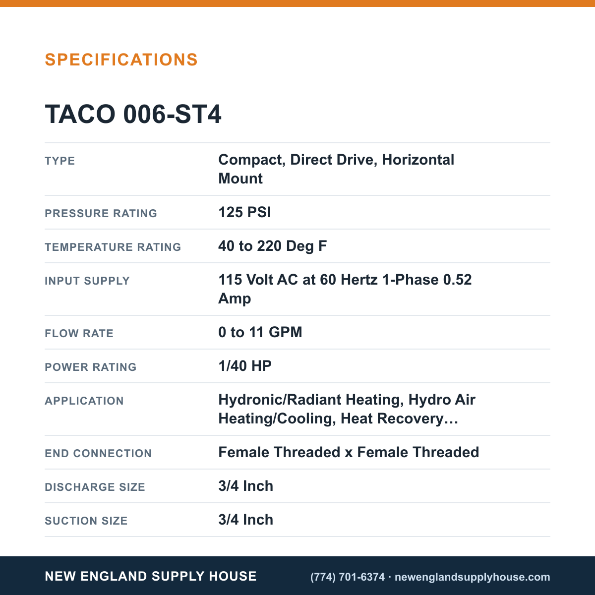 Taco 006-ST4 Cartridge Circulator specifications — New England Supply House [NESH-SPECTABLE-V1]