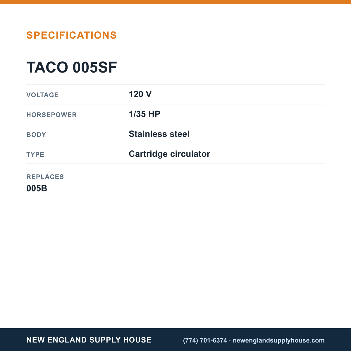 Taco 005SF Cartridge Circulator specifications — New England Supply House [NESH-SPECTABLE-V1]