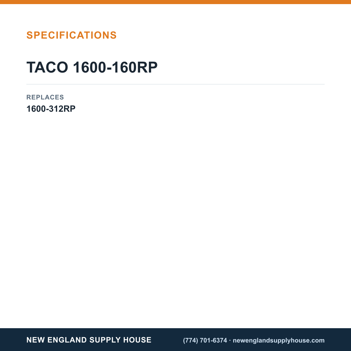 Taco 1600-160RP Cartridge Assembly specifications — New England Supply House [NESH-SPECTABLE-V1]