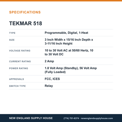 Tekmar 518 Thermostat specifications — New England Supply House [NESH-SPECTABLE-V1]