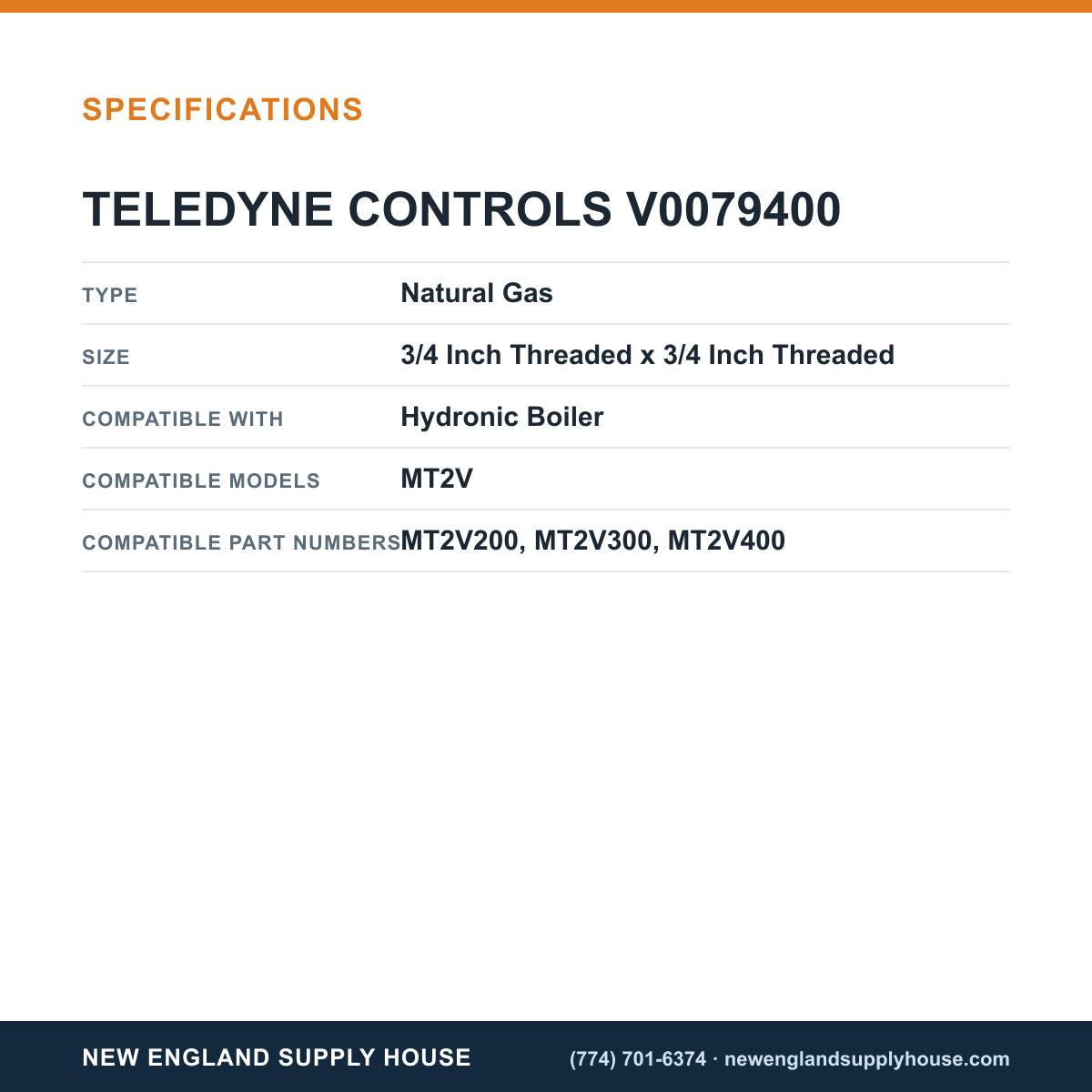 Teledyne Laars V0079400 Hydronic Boiler Combination Gas Valve specifications — New England Supply House [NESH-SPECTABLE-V1]