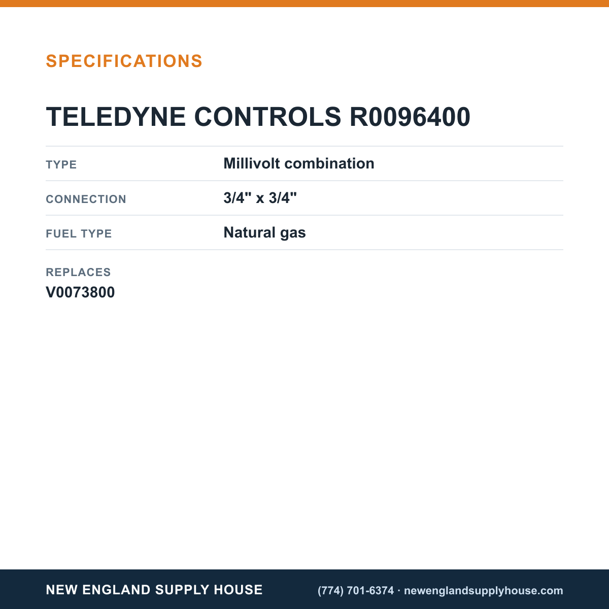 Teledyne Laars R0096400 Gas Valve specifications — New England Supply House [NESH-SPECTABLE-V1]