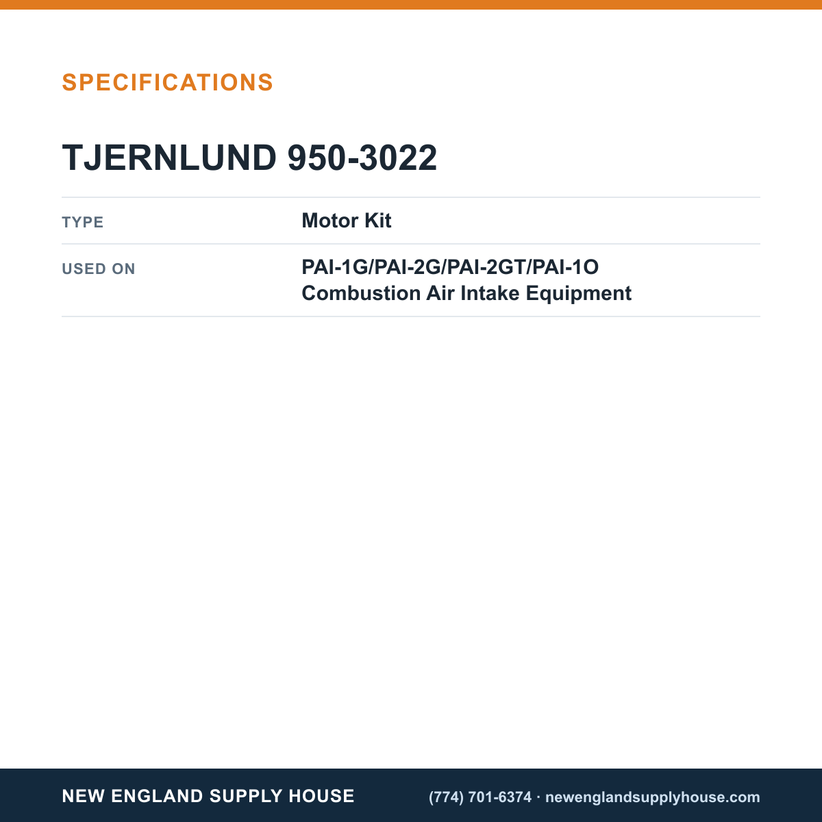Tjernlund 950-3022 Combustion Air Intake Motor Kit specifications — New England Supply House [NESH-SPECTABLE-V1]