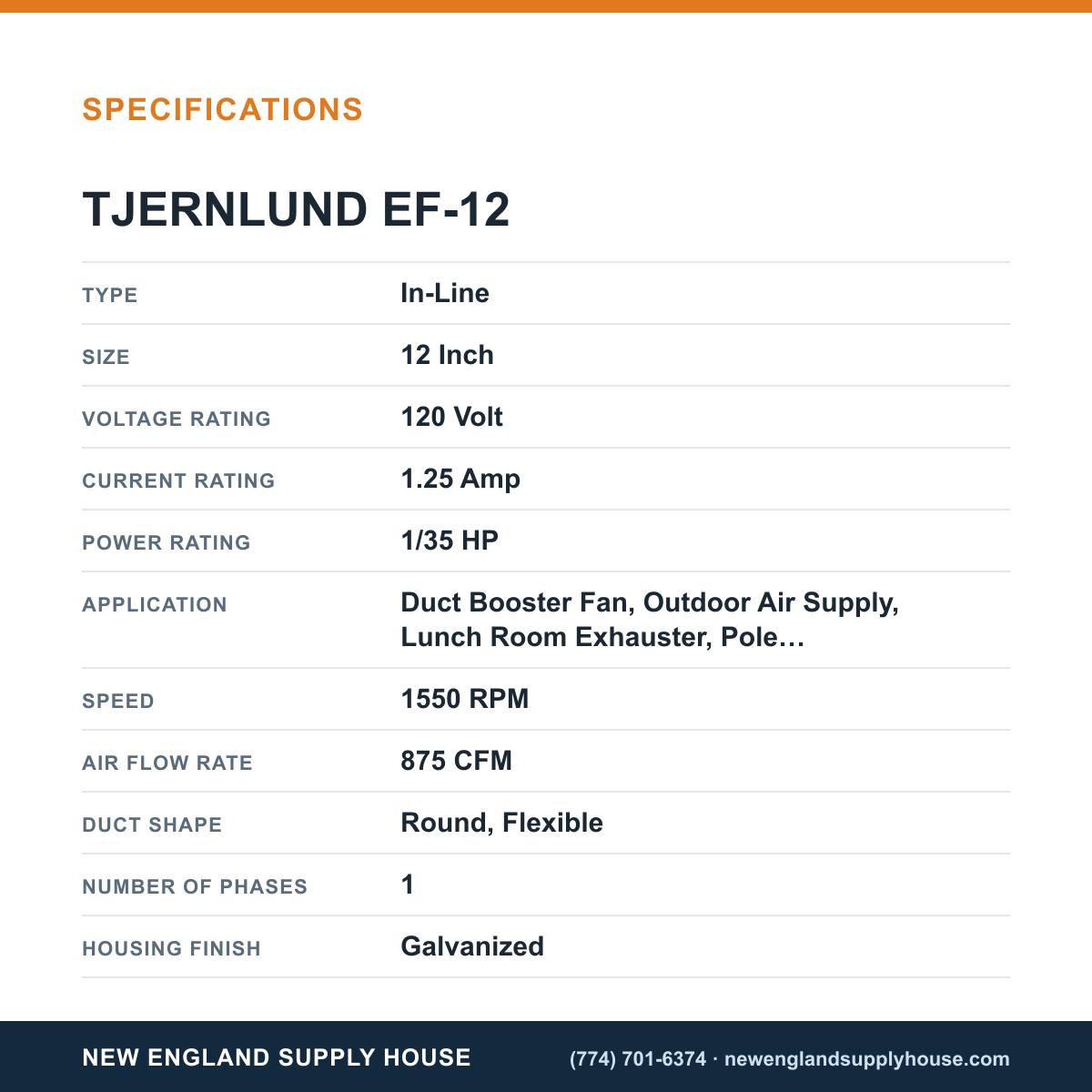 Tjernlund EF-12 Duct Fan specifications — New England Supply House [NESH-SPECTABLE-V1]