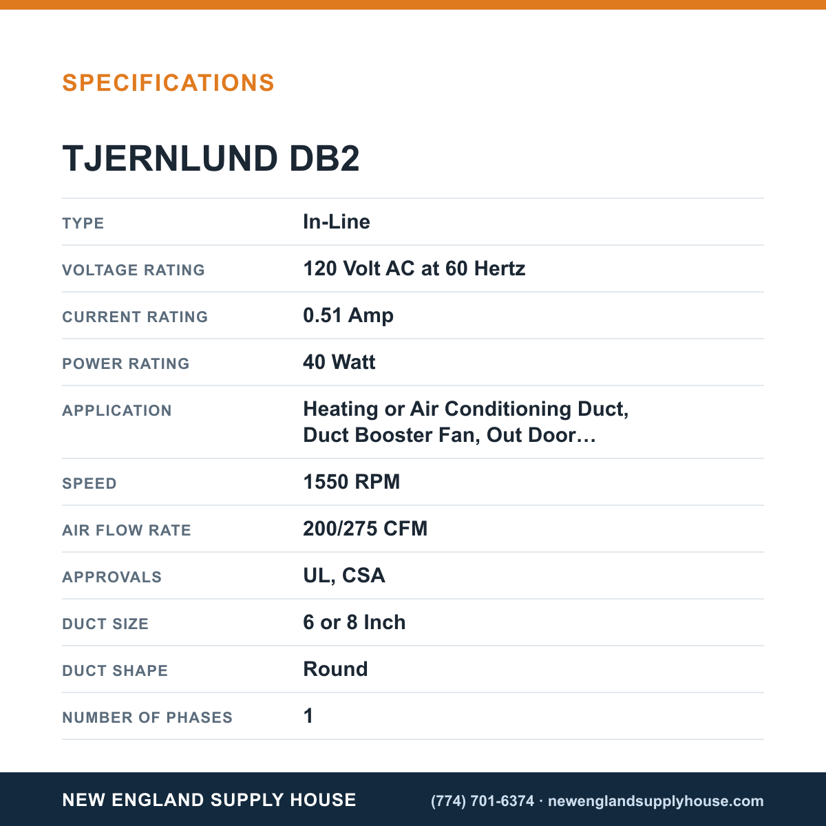 Tjernlund DB2 Duct Fan specifications — New England Supply House [NESH-SPECTABLE-V1]