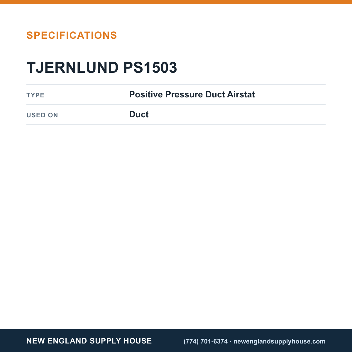 Tjernlund PS1503 Positive Pressure Duct Airstat specifications — New England Supply House [NESH-SPECTABLE-V1]