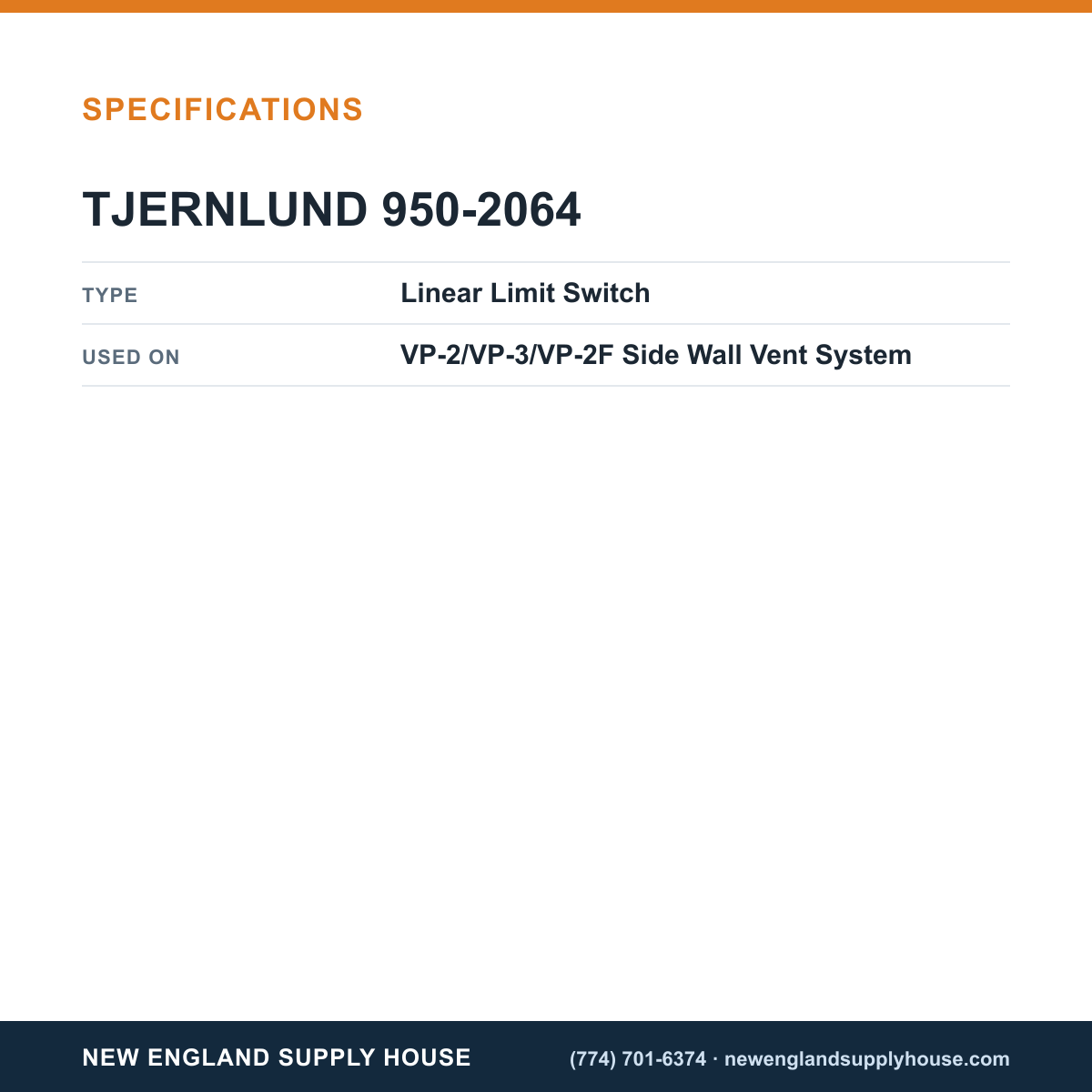 Tjernlund 950-2064 Vent System Linear Limit Switch specifications — New England Supply House [NESH-SPECTABLE-V1]